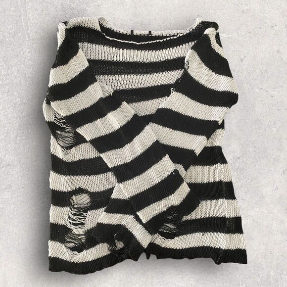 SALE✨ Distressed Blk & Wht Striped Sweater – Grunge Punk Alt Style – Size Small - Picture 2 of 3
